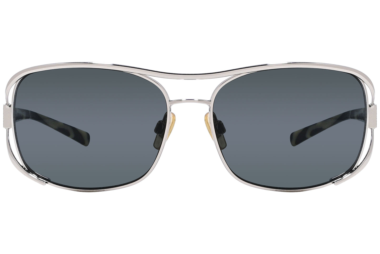 Close-up of Dolce & Gabbana oval sunglasses for women showing grey frame with silver detailing and lens tint
