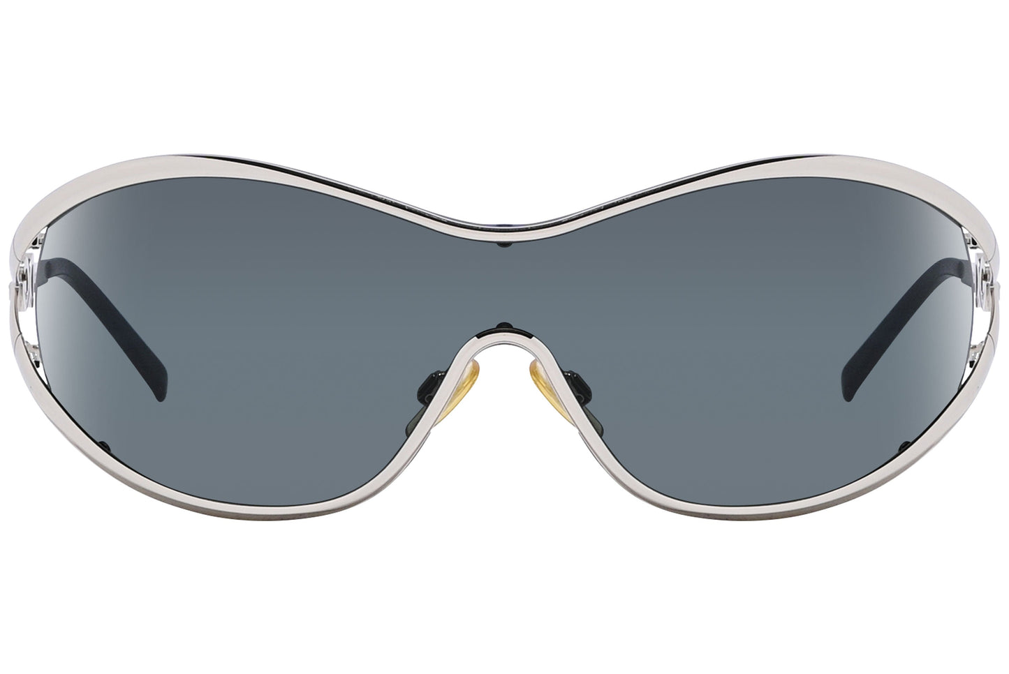 Close-up of Dolce & Gabbana wrap around sunglasses for women in grey with silver frame highlighting lens curve and designer details