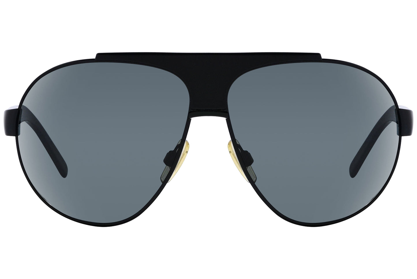 Close-up of Dolce & Gabbana black aviator sunglasses for men highlighting tinted lenses and logo detailing