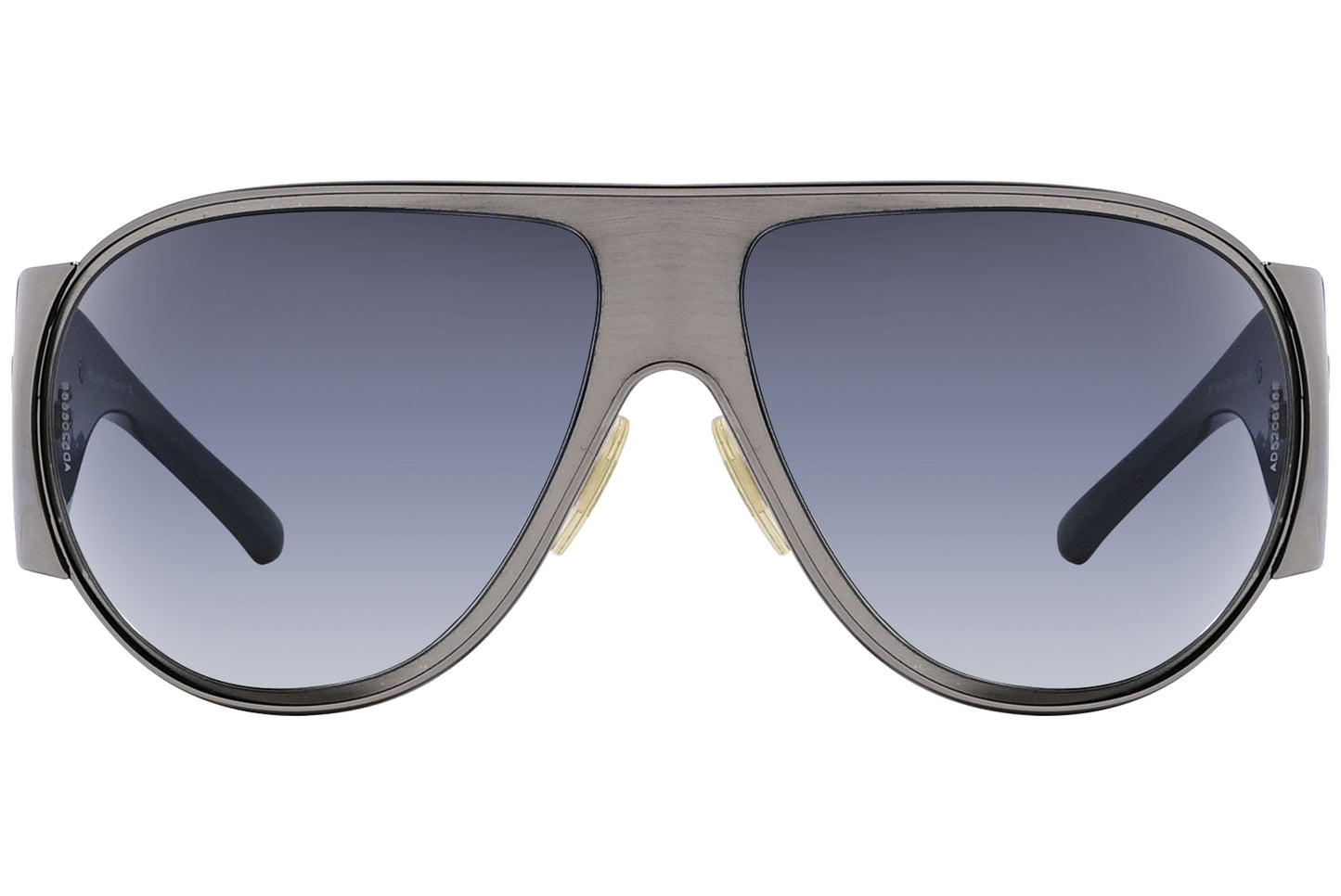 Close-up of Dolce & Gabbana silver aviator sunglasses for women showing glossy metallic frame and lens finish