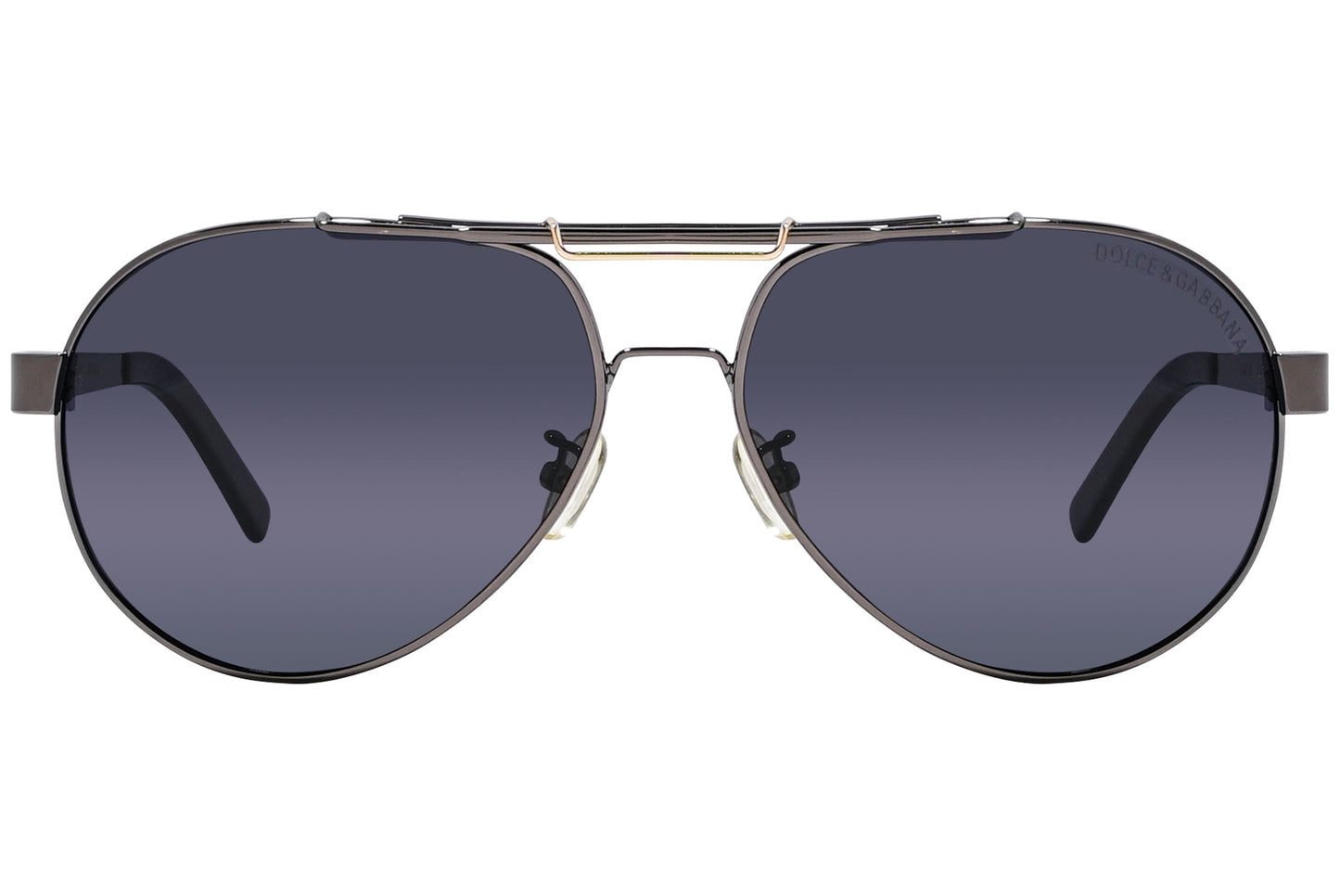 Close-up of Dolce & Gabbana black aviator sunglasses for men showing tinted lenses and logo engraving