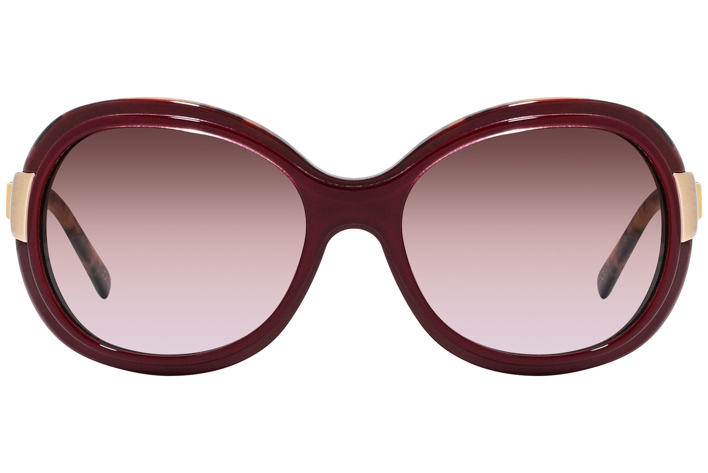 Close-up of Dolce & Gabbana red oval sunglasses with glossy finish and lens detailing