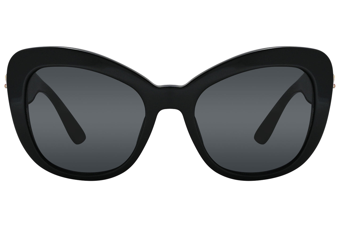 Close-up of Dolce & Gabbana women’s black cat-eye sunglasses showing lens detail and classic frame design