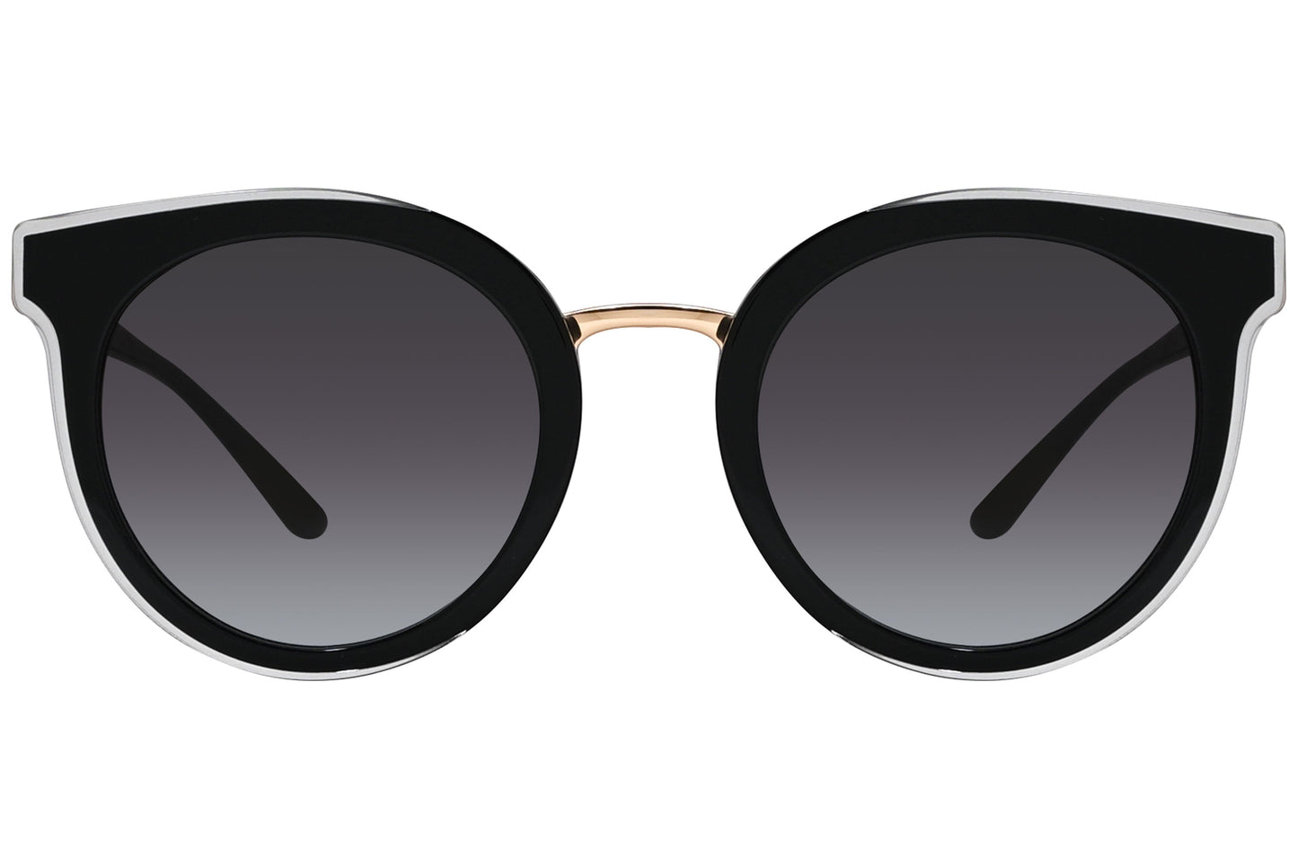 Close-up of Dolce & Gabbana oval sunglasses in black showing soft frame shape and designer detailing