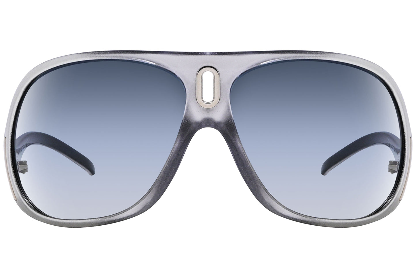 Close-up of Dolce & Gabbana silver aviator sunglasses for men showing lens shape, bridge, and logo detailing