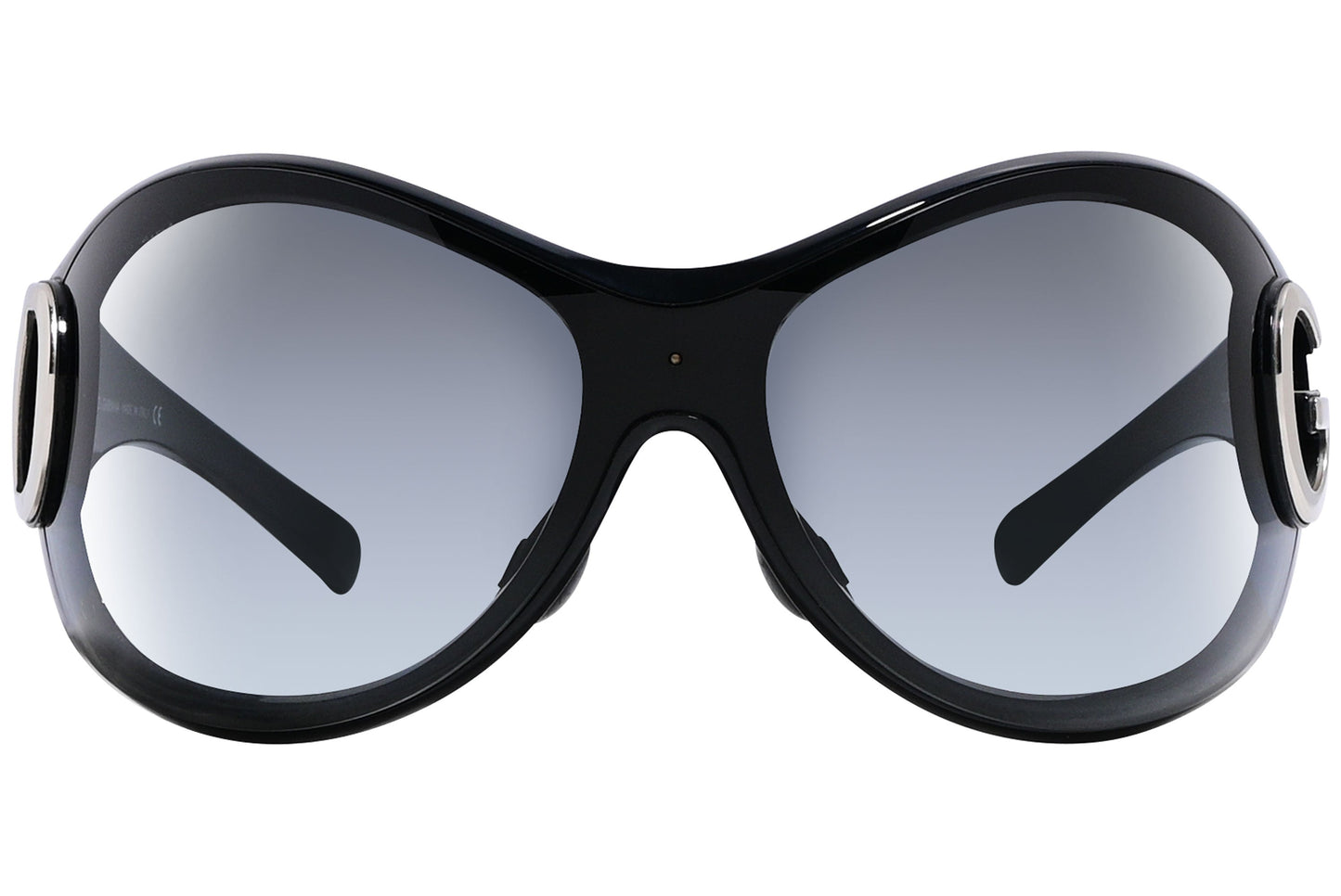Close-up of Dolce & Gabbana wrap-around sunglasses in black showing shield lens and matte frame detail