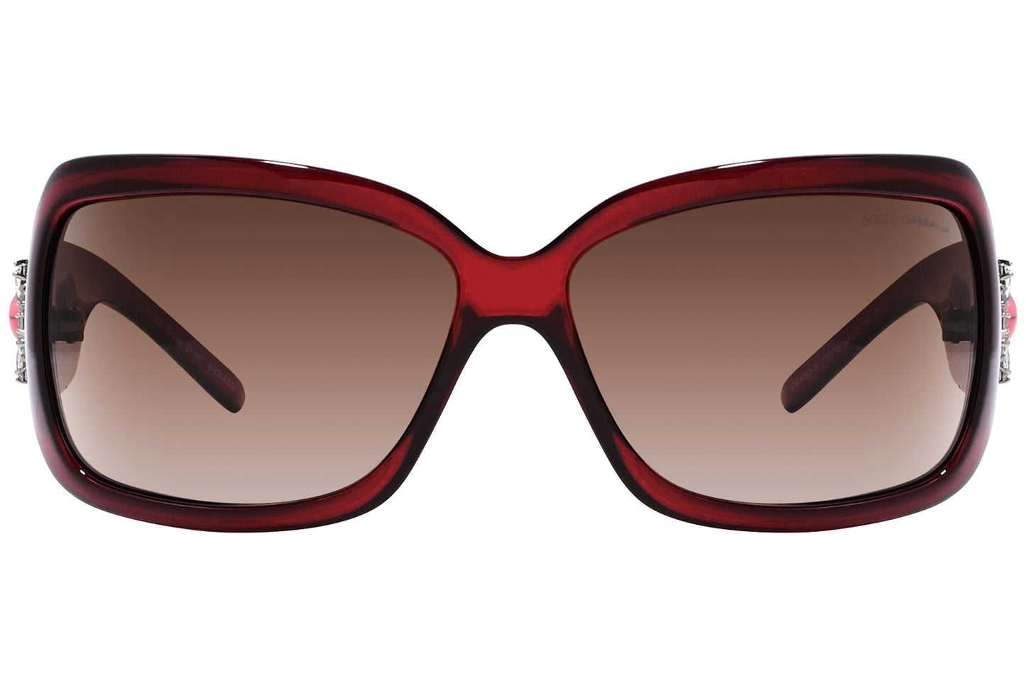 Close-up of Dolce & Gabbana red wrap-around sunglasses showing vibrant frame and shield-style lens