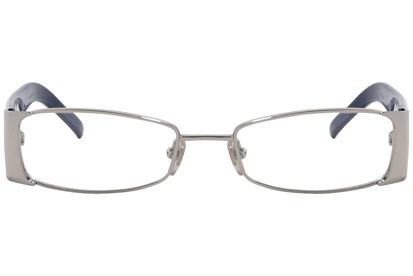 Close-up of blue rectangle eyeglasses by D&G showing feminine styling and color detail