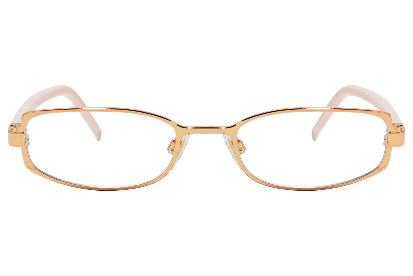 Close-up of gold oval eyeglasses by Dolce & Gabbana showing feminine design and logo detail