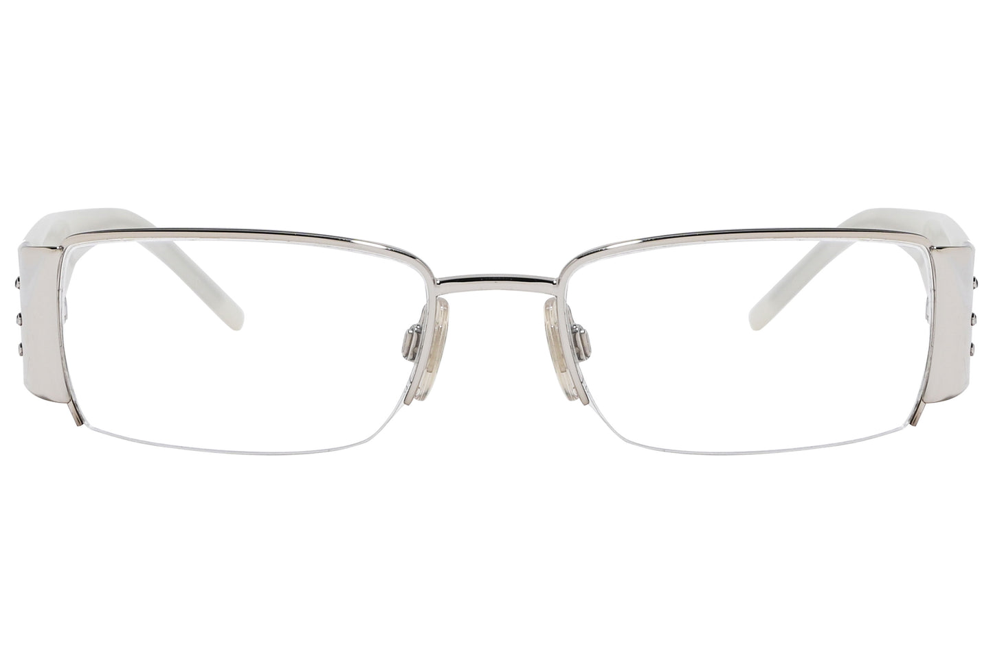 Close-up of men’s white wrap around eyeglasses by D&G showing bold frame details