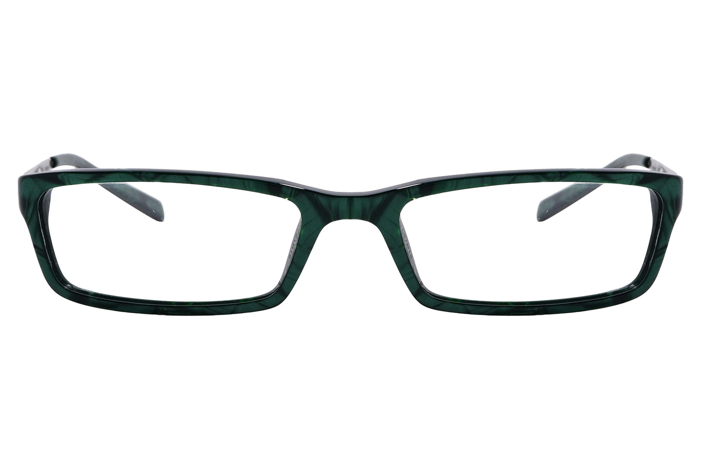 Close-up of men’s green rectangle eyeglasses by D&G showing lens edge and branding