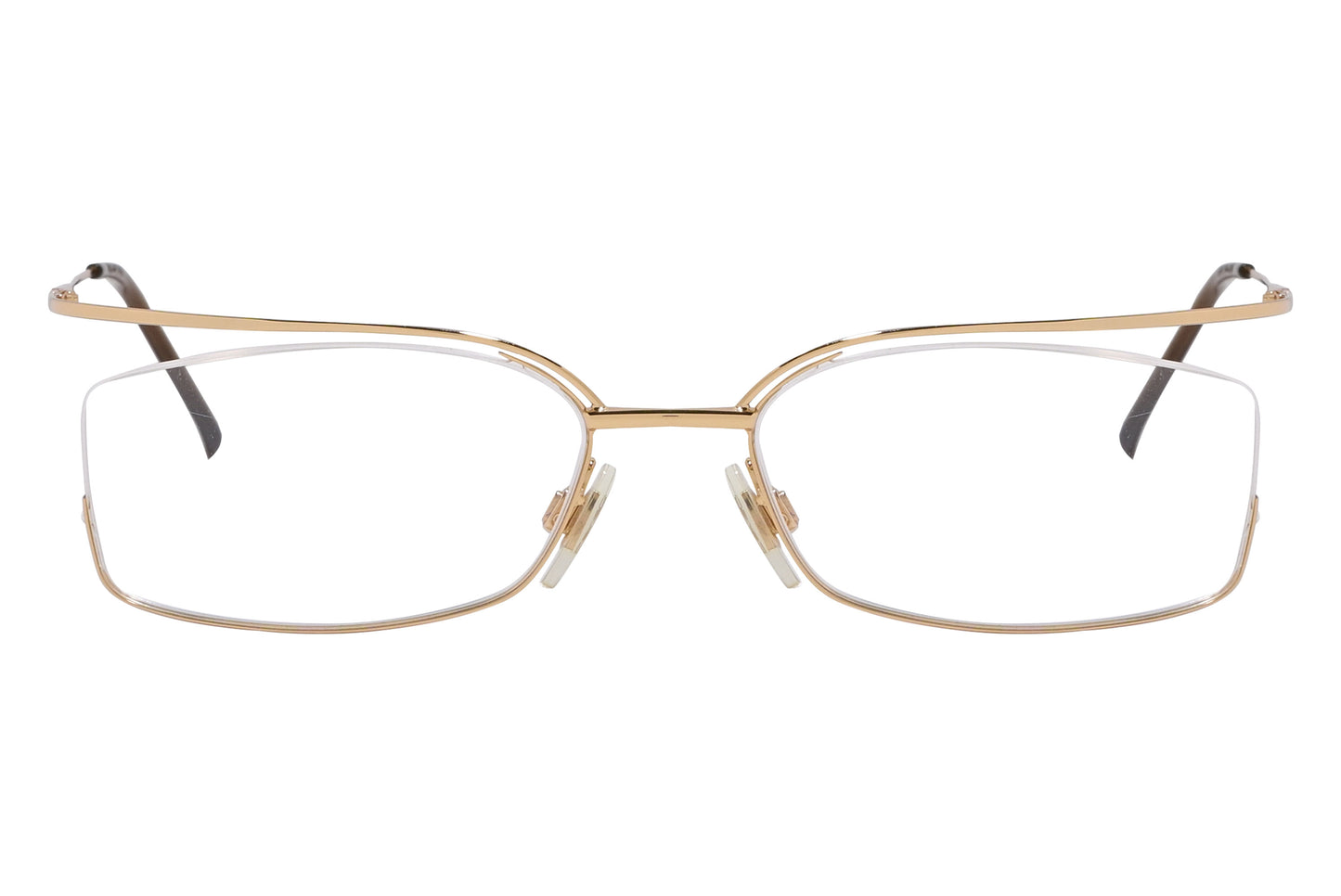 Close-up of gold Dolce & Gabbana rectangle eyeglasses for women showing frame detail and logo