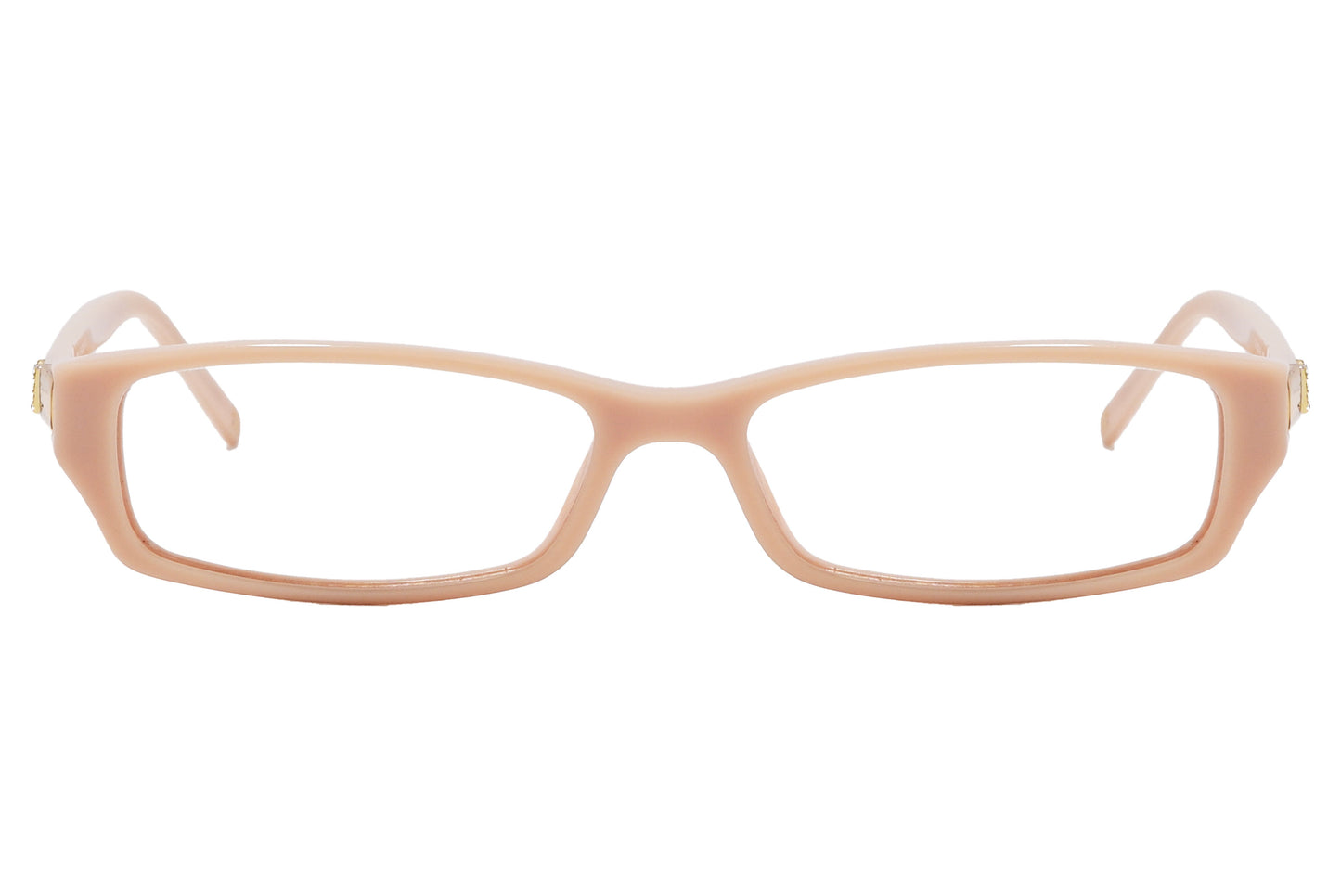 Close-up of Dolce & Gabbana pink rectangle eyeglasses for women showing frame color and logo