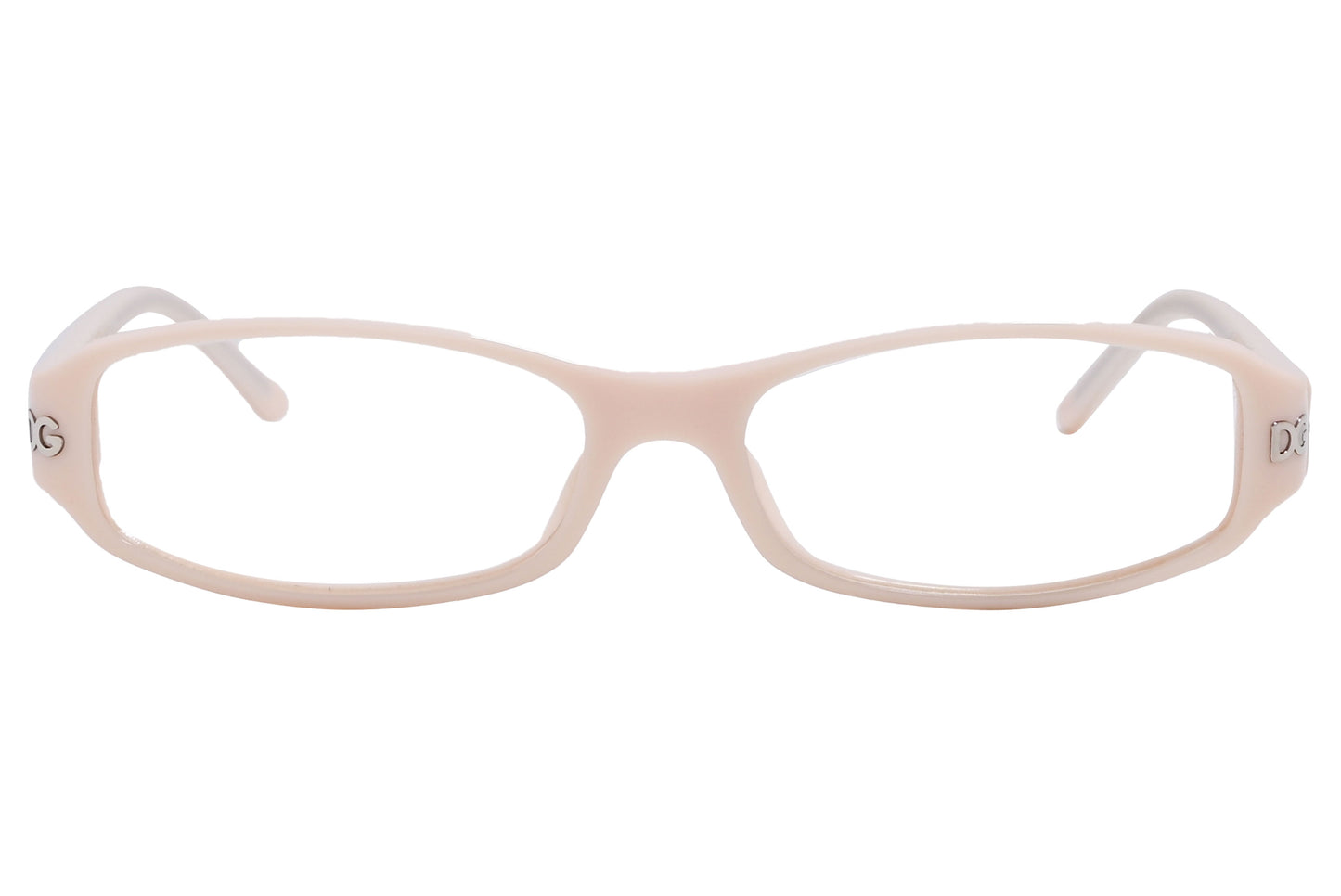 Close-up of Dolce & Gabbana rectangle eyeglasses for women in pink highlighting frame shape and logo detail
