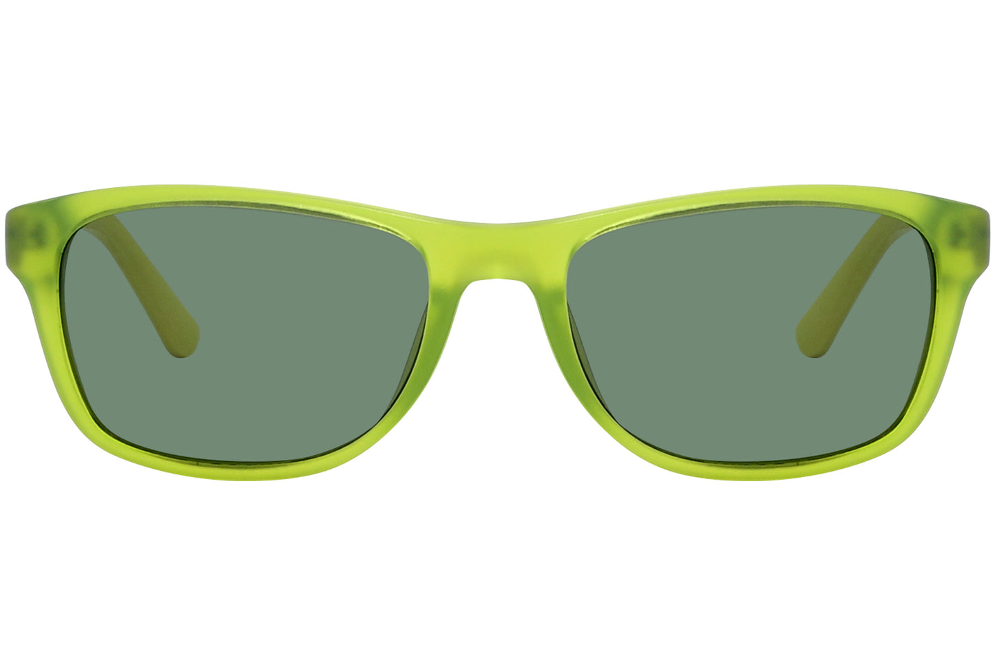 Yellow wayfarer sunglasses with green lenses and a green nose bridge.