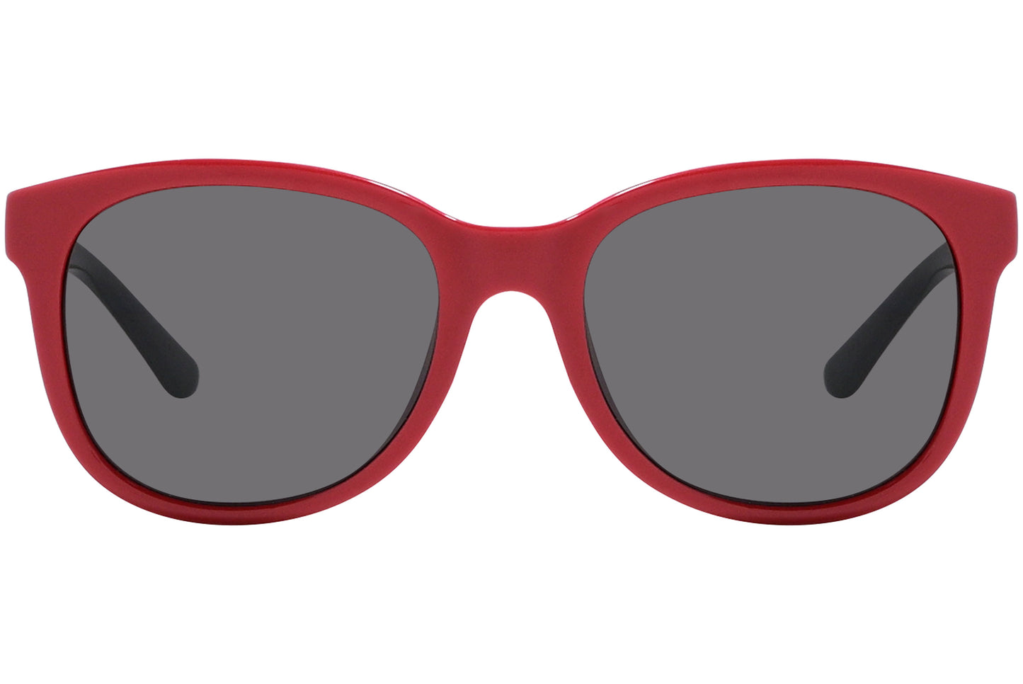 Red Lacoste wayfarer sunglasses with black temples and dark lenses.