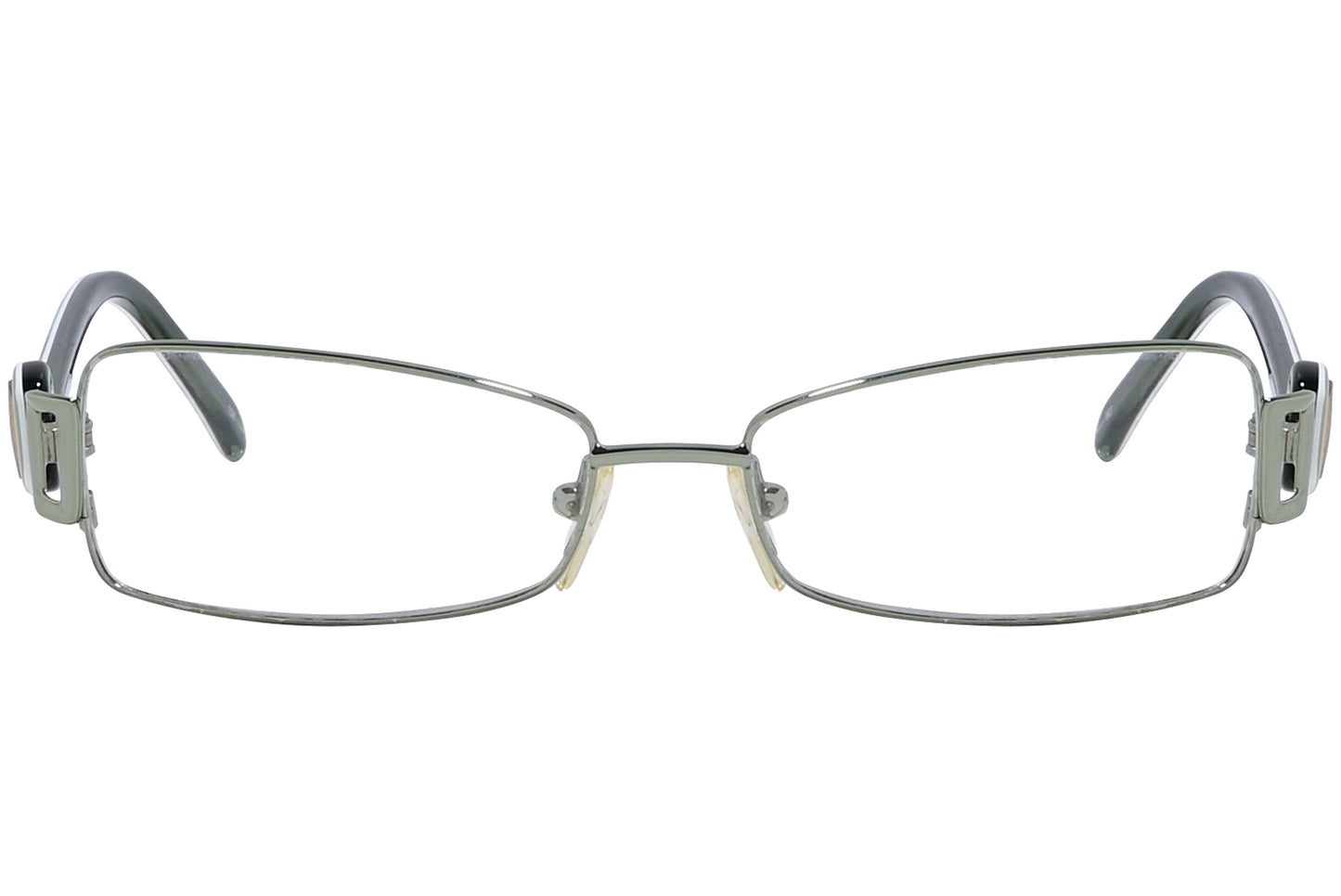 A pair of Emilio Pucci rectangle eyeglasses with silver frame and patterned temples.