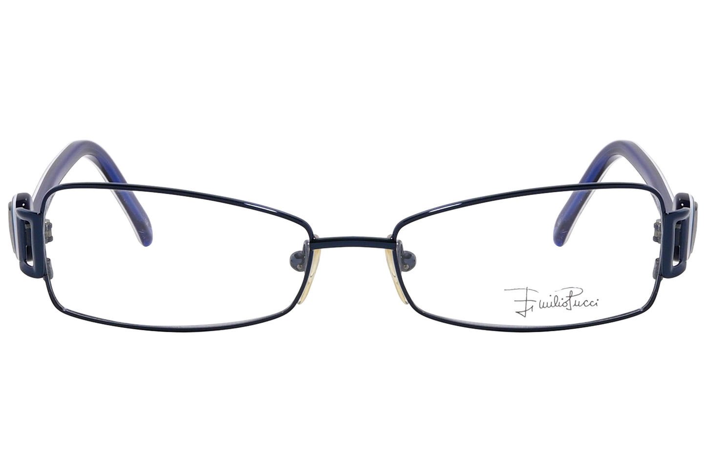 A pair of blue rectangle eyeglasses with a patterned temple design.