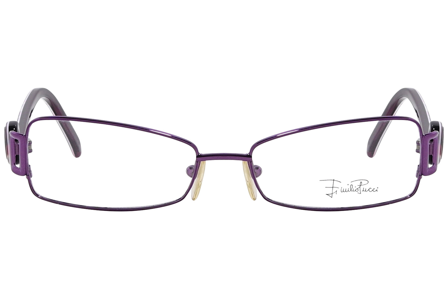 A pair of purple rectangle eyeglasses with a patterned temple design.