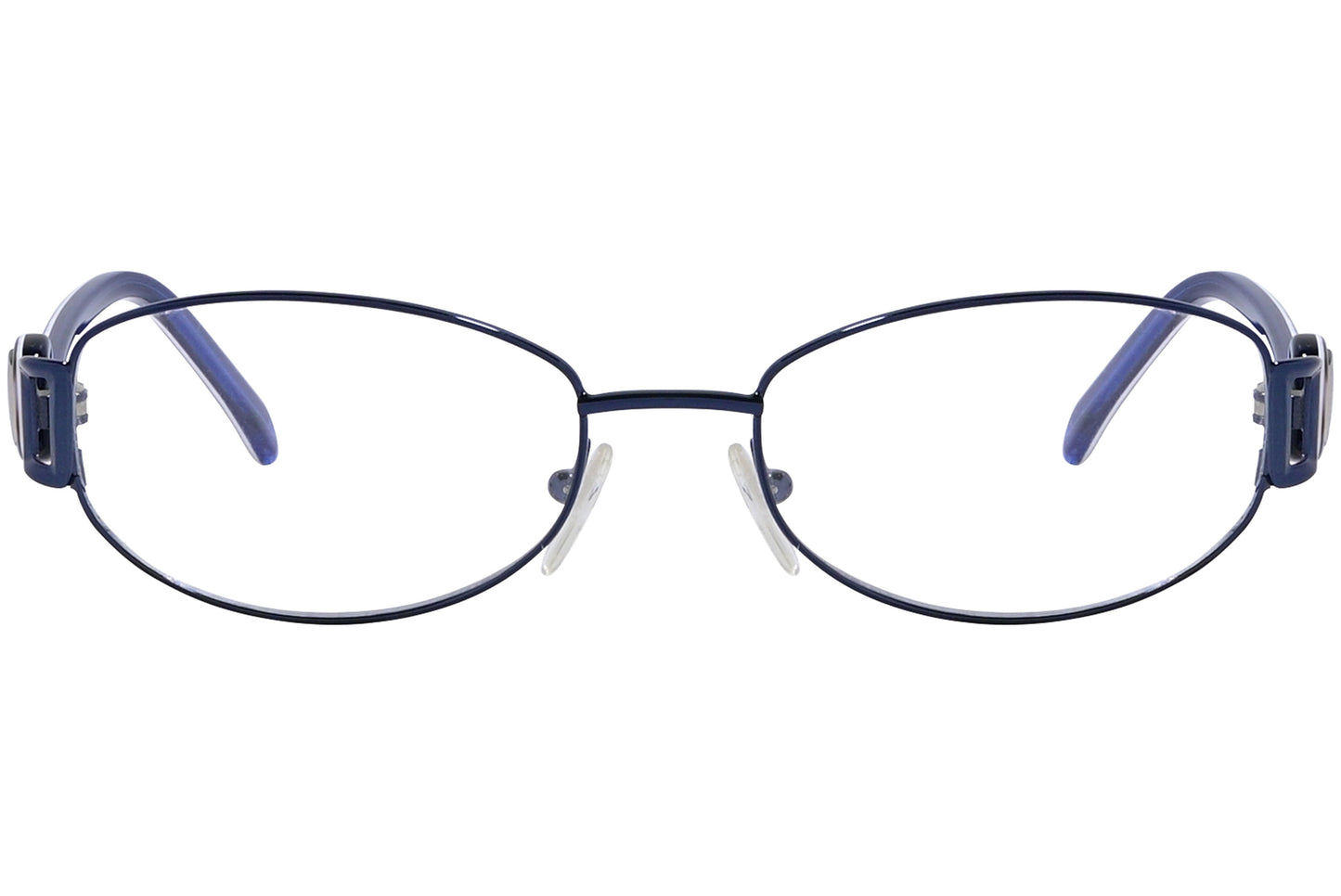A pair of oval blue eyeglasses with a metallic frame.