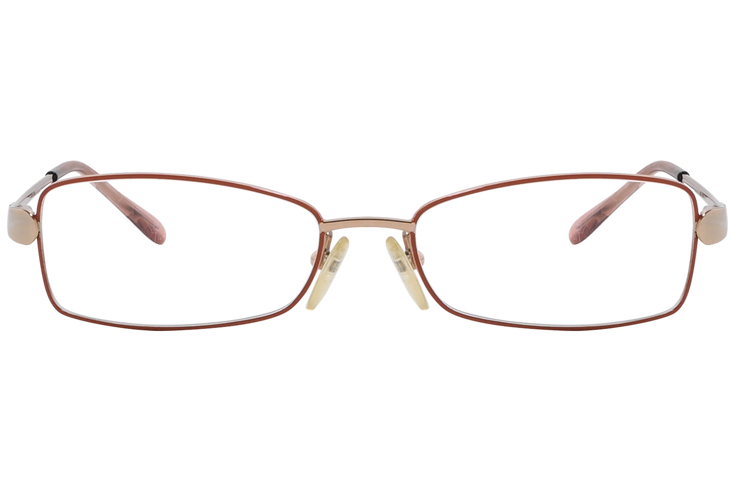 Red rectangle eyeglasses with a patterned temple design and metal frame.