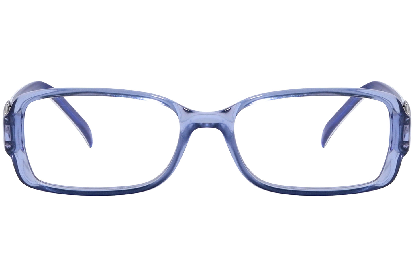 Blue rectangular eyeglasses with a patterned design on the arms and clear lenses.