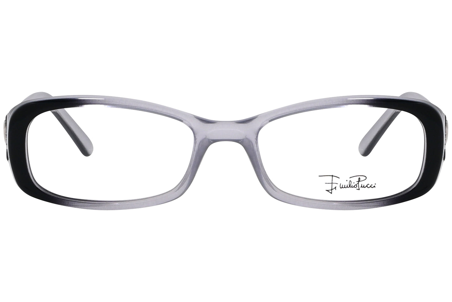 A pair of Emilio Pucci rectangle eyeglasses with a multicolored design, featuring intricate patterns on the frame.