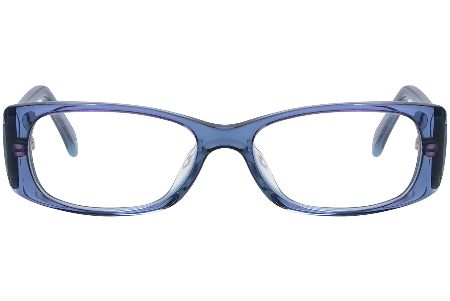 A pair of blue rectangle eyeglasses with distinctive design elements, possibly of a luxury brand.