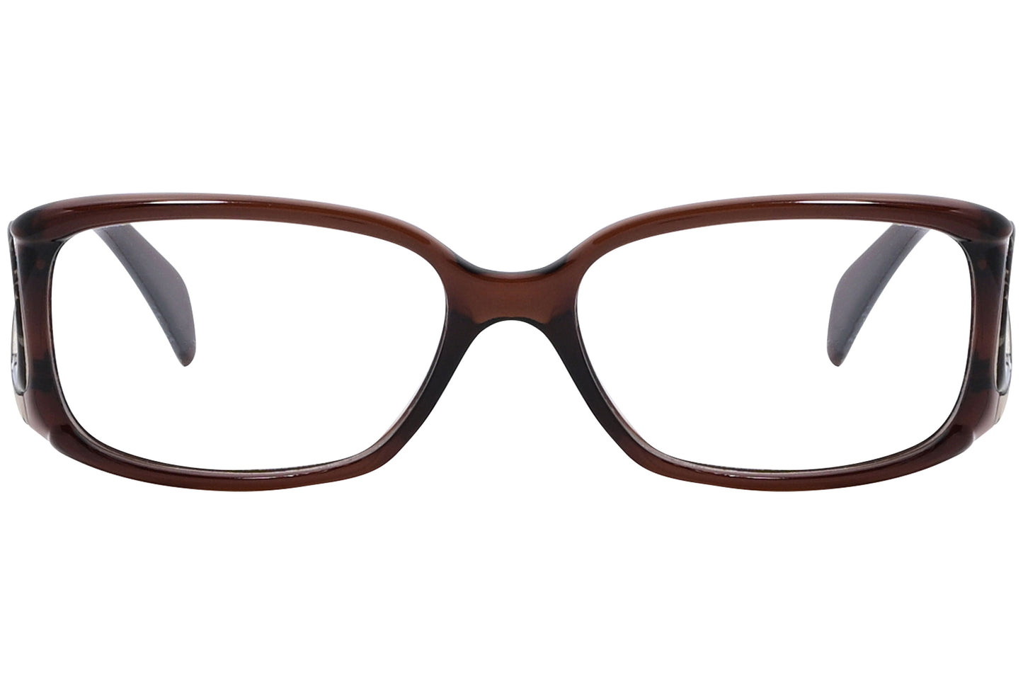 A pair of brown rectangle eyeglasses with a metallic accent on the temples.