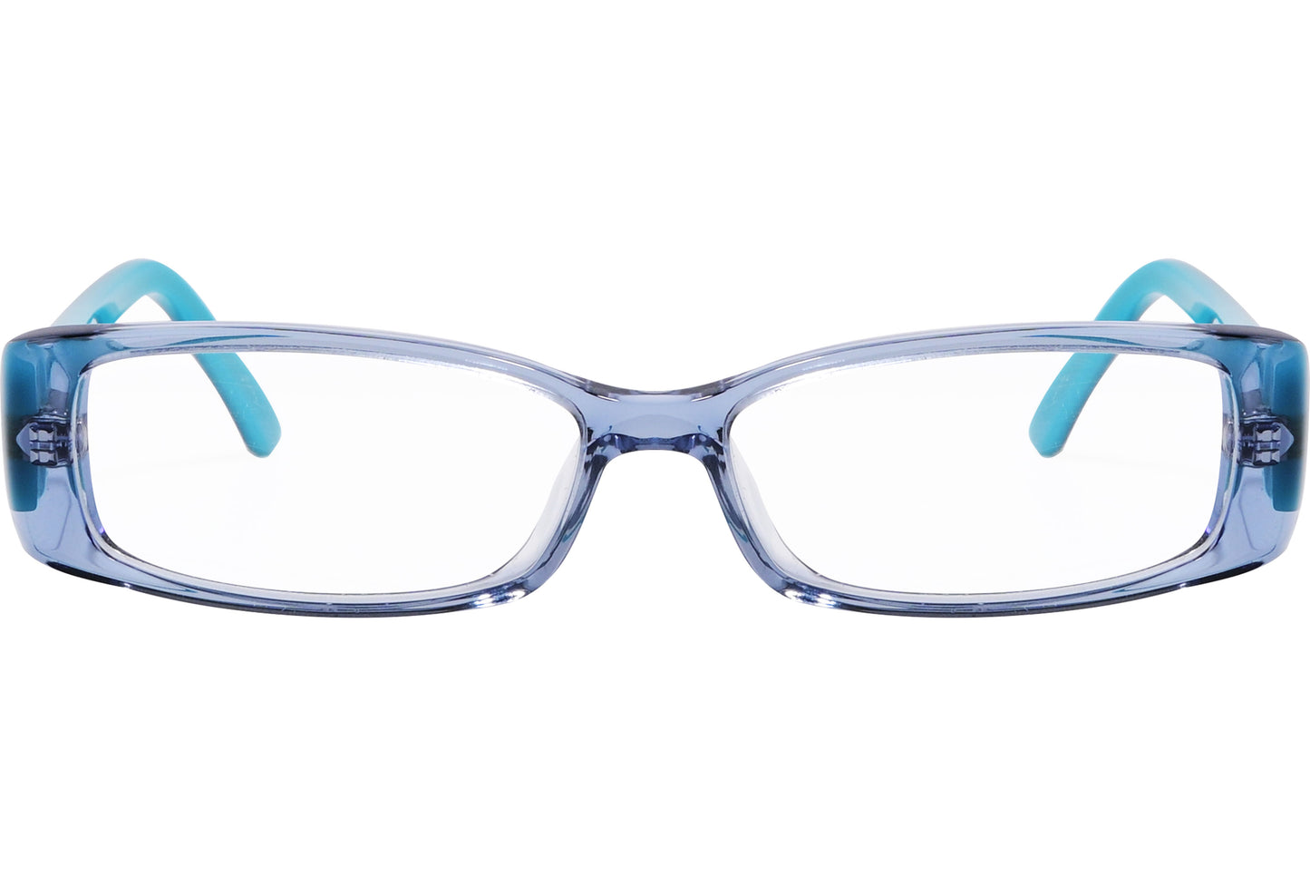 A pair of Emilio Pucci rectangle eyeglasses with blue frames and patterned earpieces.