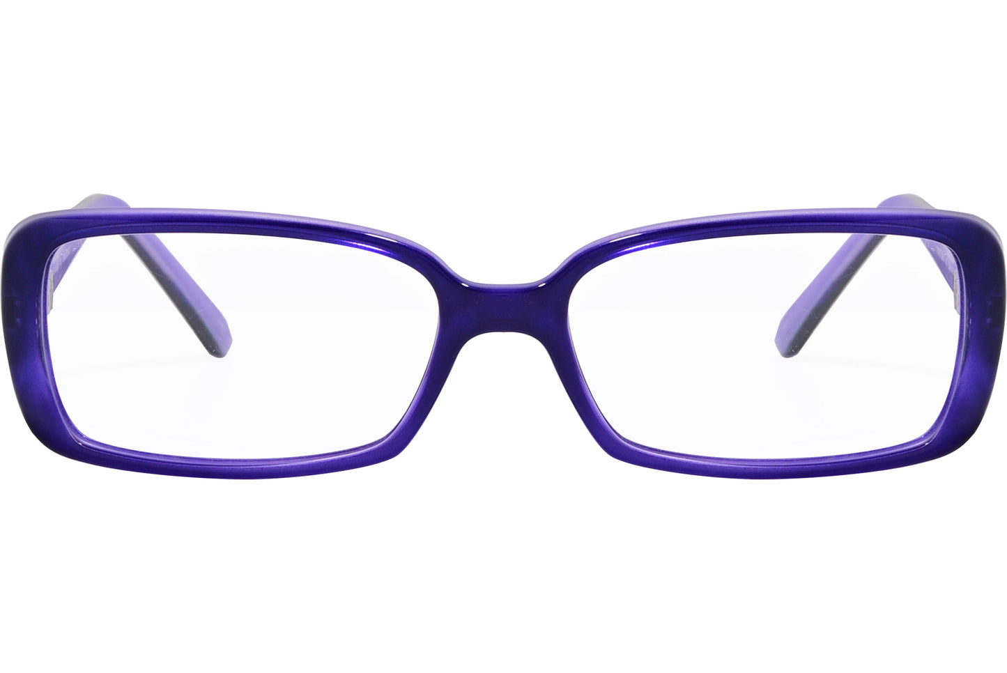 A pair of purple rectangle eyeglasses with decorative patterns on the arms.