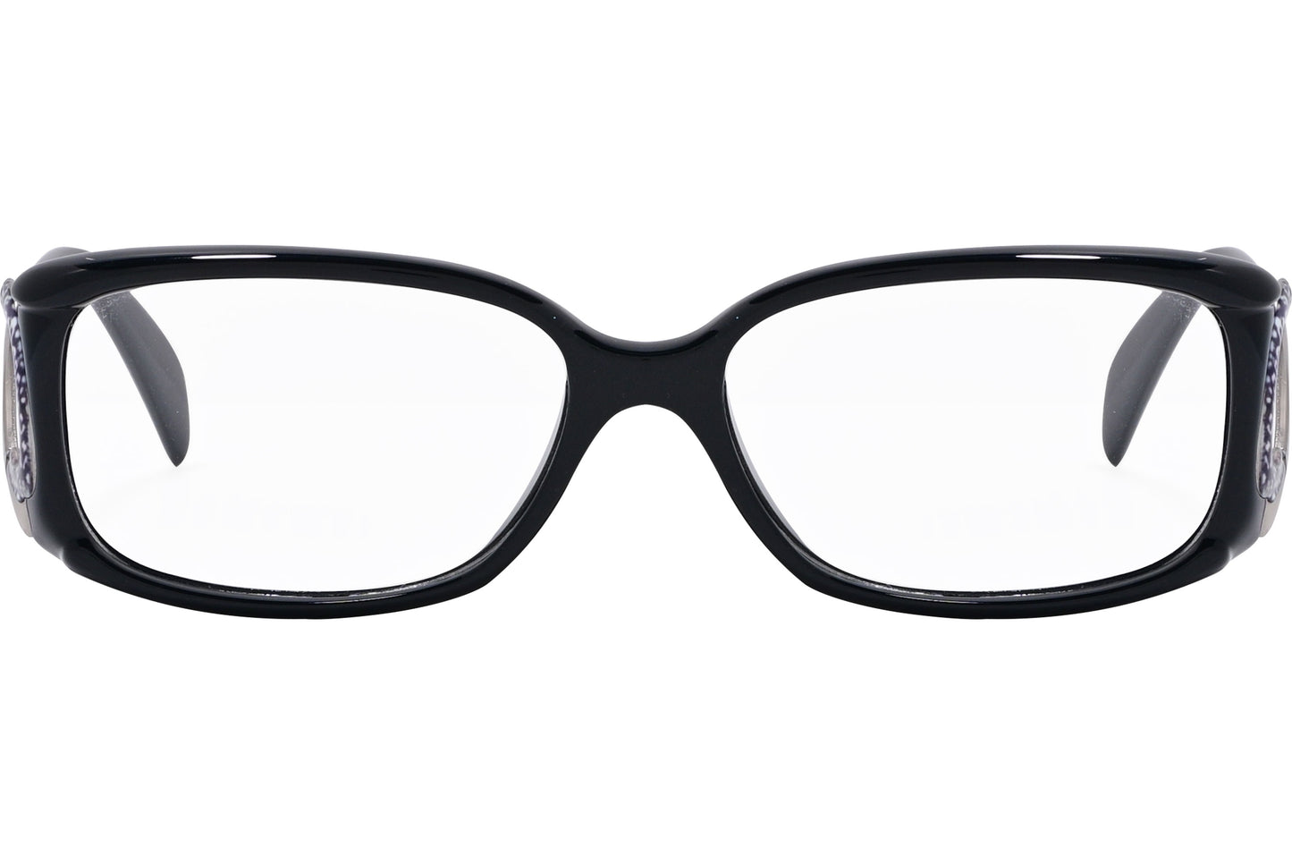A pair of black rectangle eyeglasses with distinctive design elements, possibly from a luxury brand.