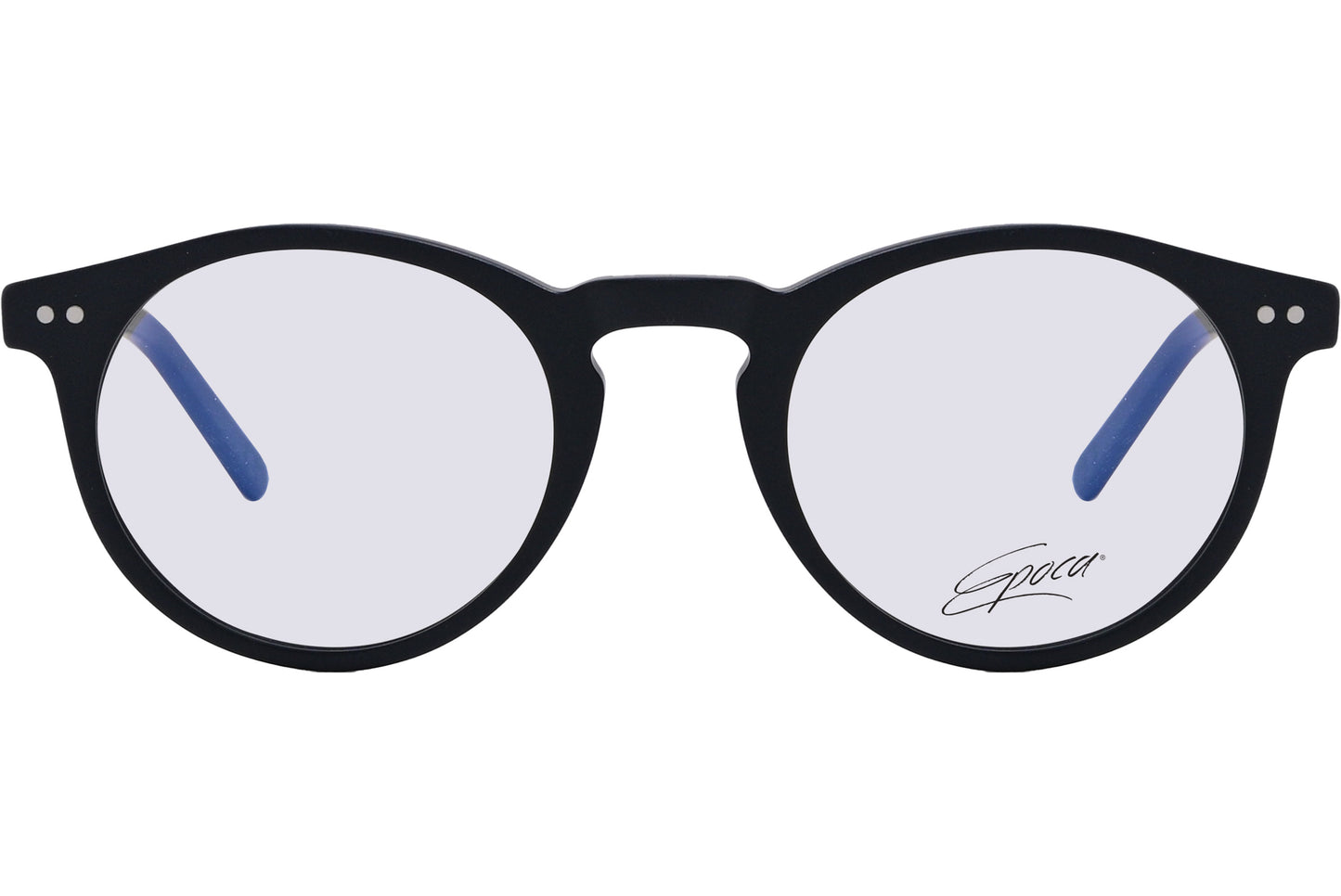 A pair of round eyeglasses with a black frame, as seen from a side profile angle.