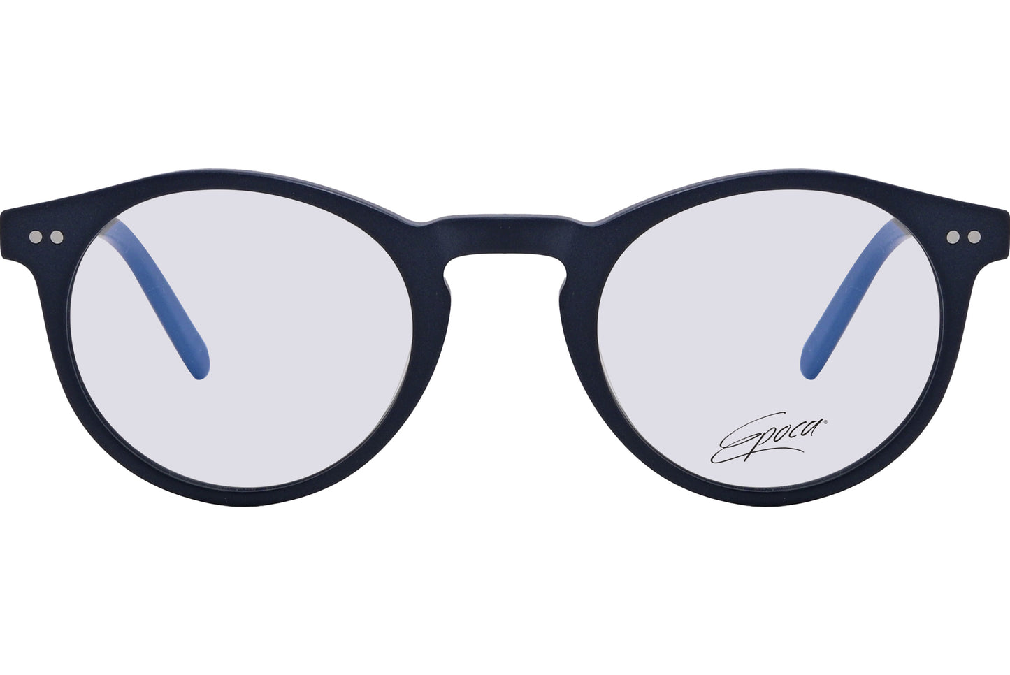 A pair of round eyeglasses with blue frames, model E2075-03, with clear lenses and distinctive branding on the side.