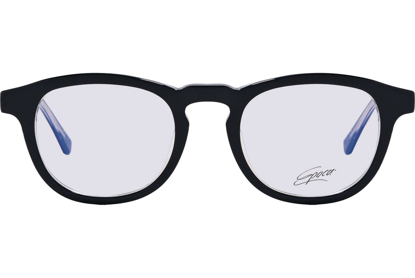 A pair of black round eyeglasses with the brand name EPOCA visible on the side.