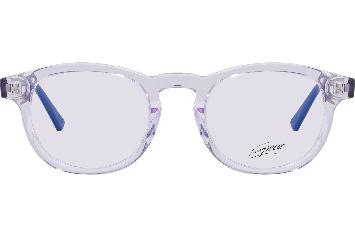 A pair of square eyeglasses with blue temples and clear lenses, marked with the brand name EPOCA.