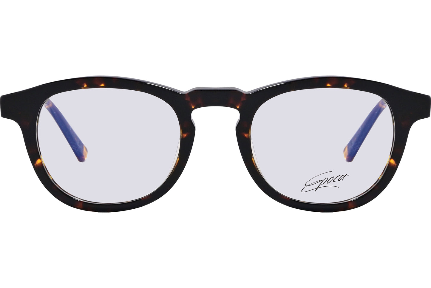 A pair of square eyeglasses with a tortoise patterned frame.