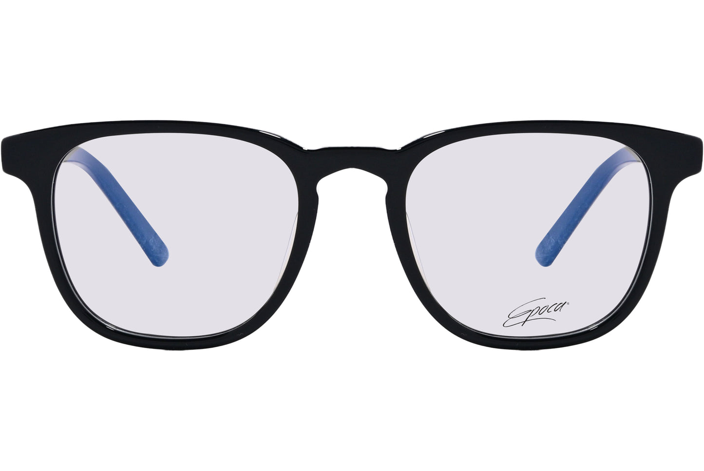 A pair of black square eyeglasses with a frame made of metal and plastic, featuring blue temples.