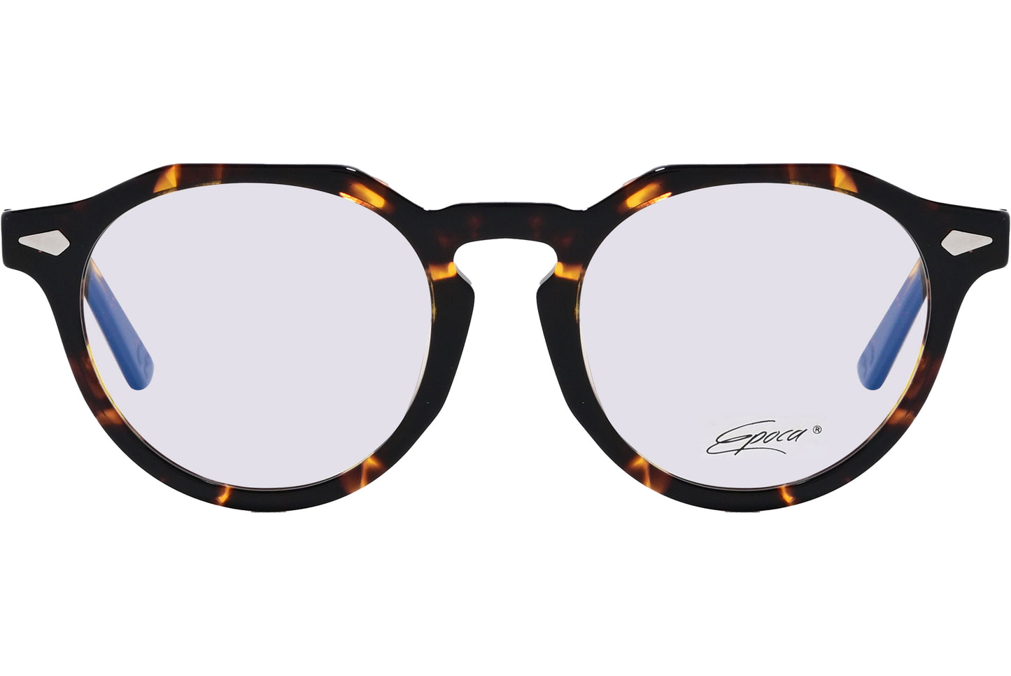 A pair of round eyeglasses with a leopard color pattern on the frame.