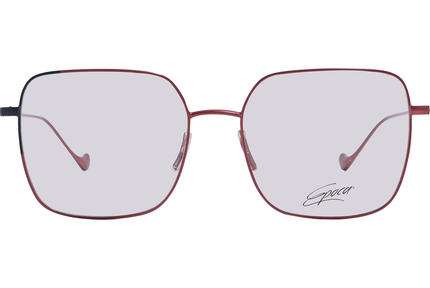 A photo of square eyeglasses with a red frame, displaying the brand name 'Epoca' on the side.