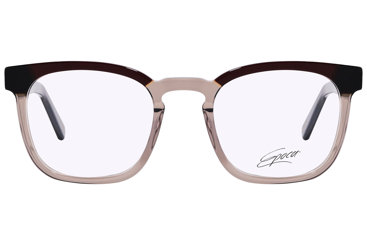 A pair of square eyeglasses with brown full frame and clear lenses.