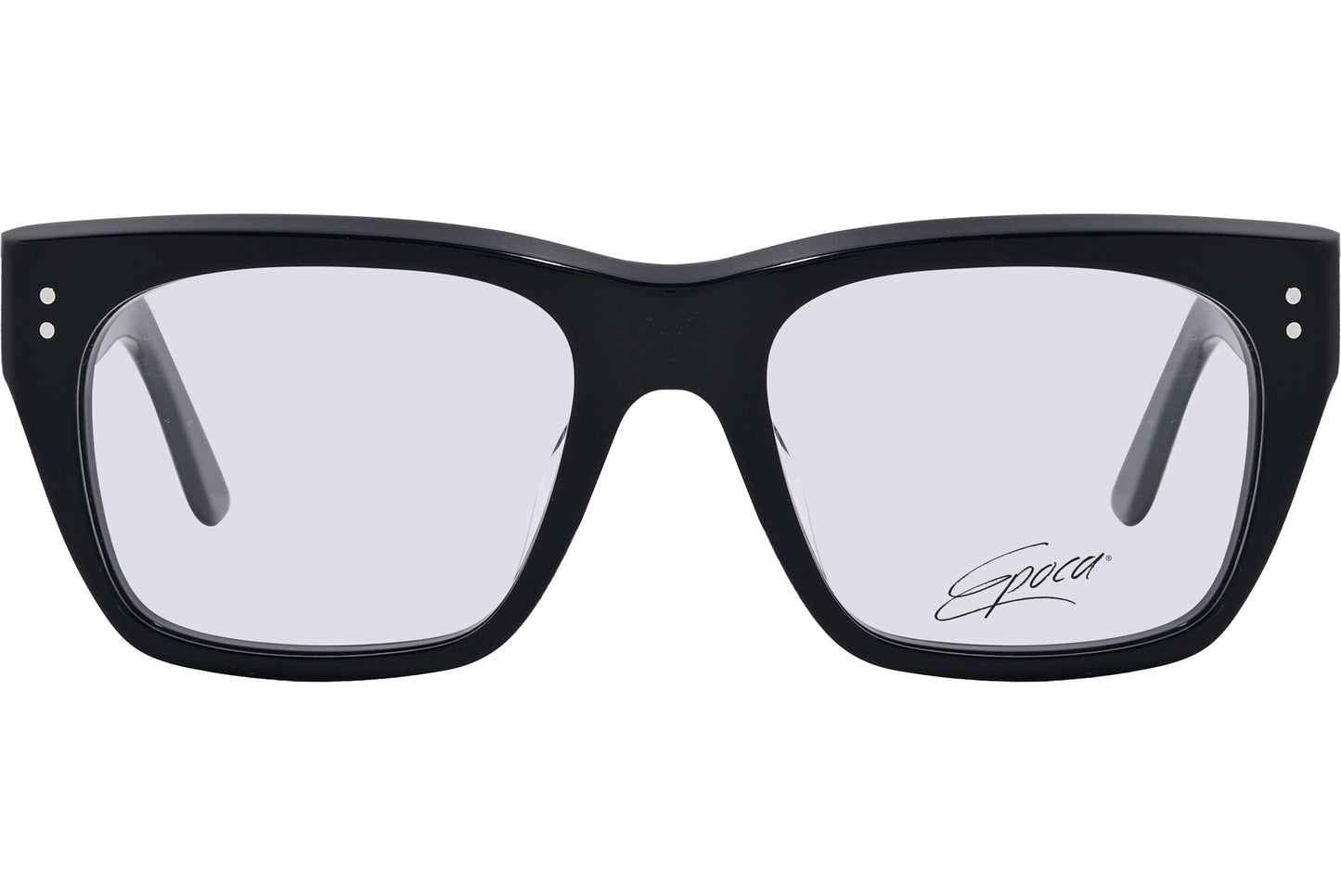 Black square eyeglasses with a full frame design and a signature on the side.