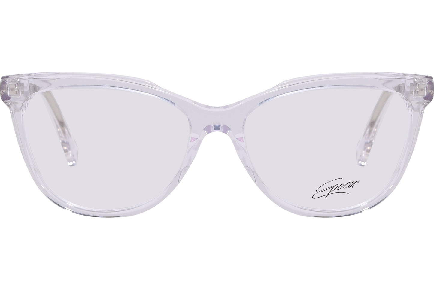 A pair of white cat-eye style eyeglasses with the brand name 'Epoca' visible on one side of the frame.