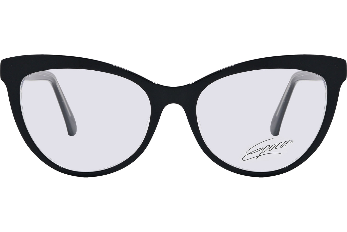 A pair of black cat-eye eyeglasses with the brand name 'Epoca' visible on one side of the frame.