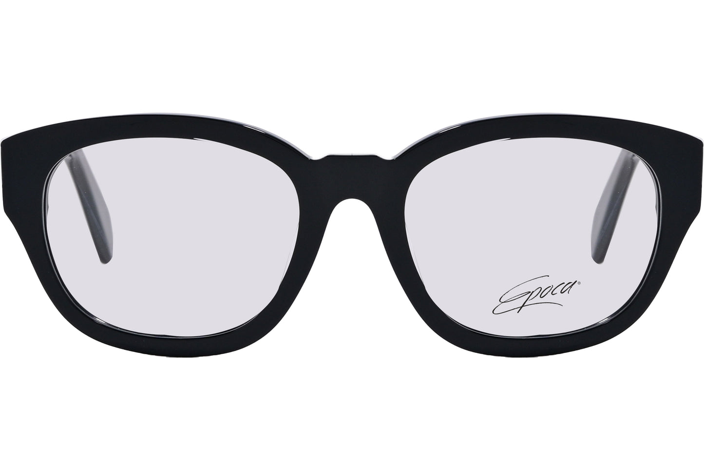 Black square eyeglasses with a full frame design and a visible brand logo on the side arm.