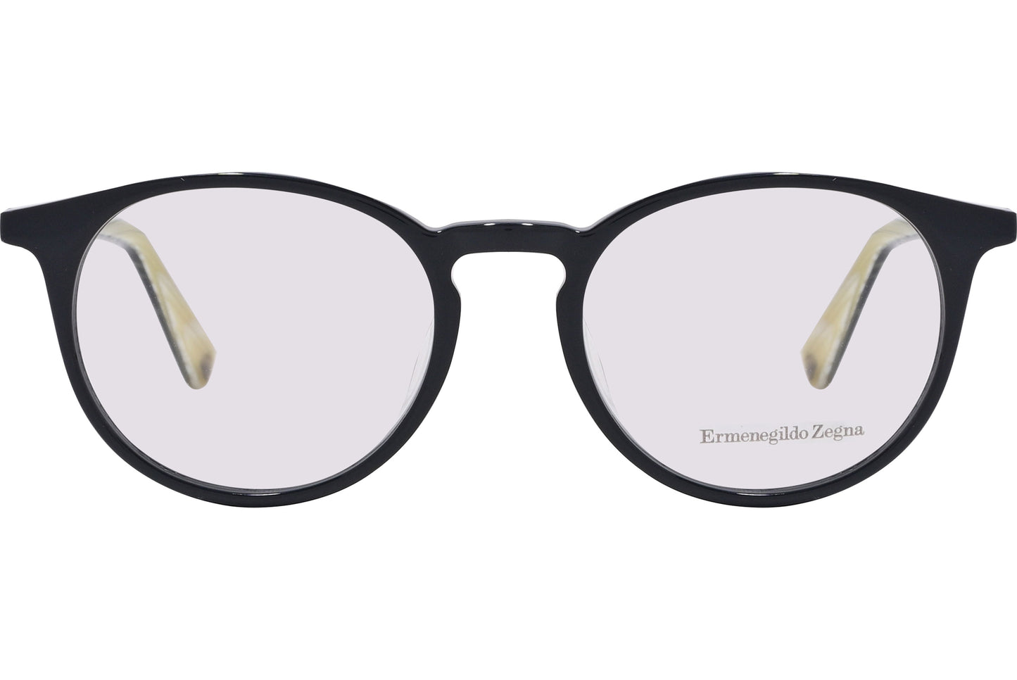 A pair of round eyeglasses with black frame and gold accents on the arms.