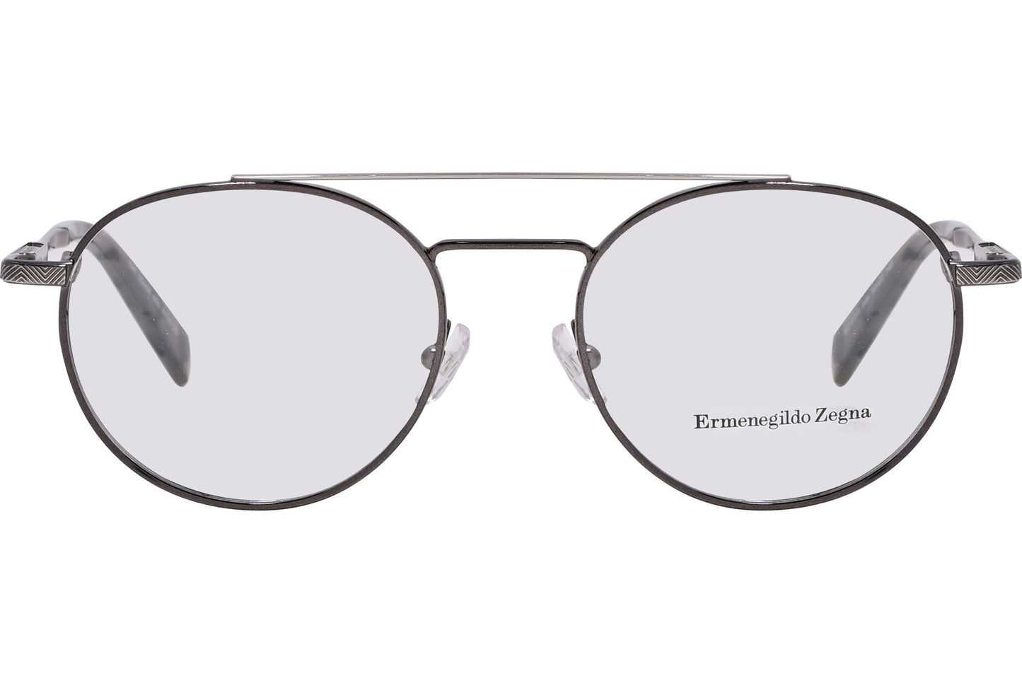 A pair of silver aviator style eyeglasses with the brand name 'ermeúgildo zegna' visible on the side.