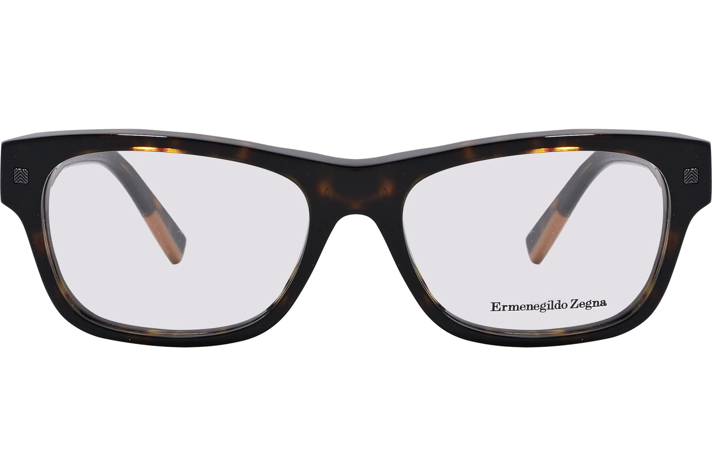 A pair of leopard-colored, rectangle-shaped eyeglasses with the brand name 'Ermegildo Zegna' visible on the side.