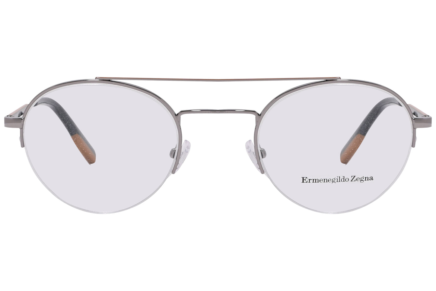A pair of silver aviator style eyeglasses with the brand name 'Ermenegildo Zegna' visible on the side.