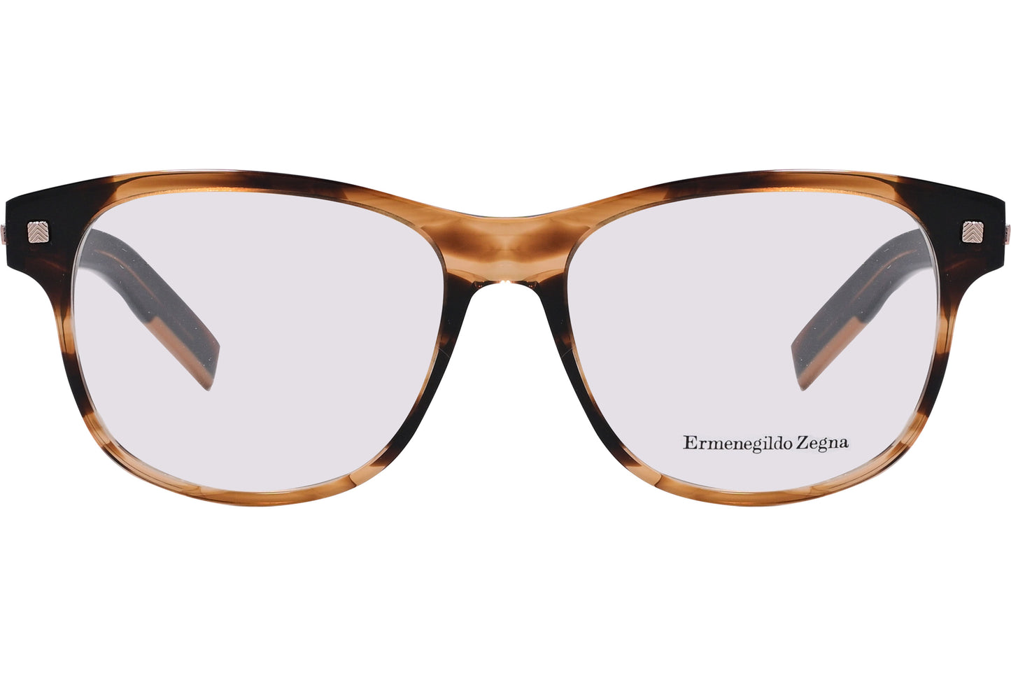 A pair of rectangle eyeglasses with leopard color frame, clear lenses, and the brand name 'ermenegildo zegna' visible.